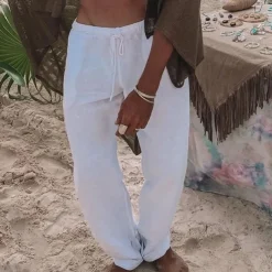 Men's Linen Pants Trousers Summer Pants Pocket Drawstring Elastic Waist Plain Comfort Breathable Vacation Daily Holiday Fashion Classic Style Black White Micro-elastic