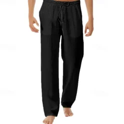 Men's Linen Pants Trousers Summer Pants Pocket Drawstring Elastic Waist Plain Comfort Breathable Vacation Daily Holiday Fashion Classic Style Black White Micro-elastic