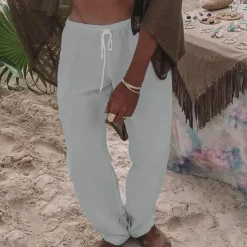 Men's Linen Pants Trousers Summer Pants Pocket Drawstring Elastic Waist Plain Comfort Breathable Vacation Daily Holiday Fashion Classic Style Black White Micro-elastic