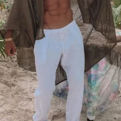 Men's Linen Pants Trousers Summer Pants Pocket Drawstring Elastic Waist Plain Comfort Breathable Vacation Daily Holiday Fashion Classic Style Black White Micro-elastic