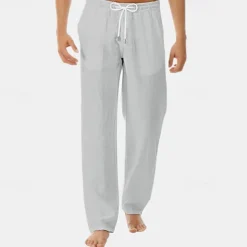 Men's Linen Pants Trousers Summer Pants Pocket Drawstring Elastic Waist Plain Comfort Breathable Vacation Daily Holiday Fashion Classic Style Black White Micro-elastic