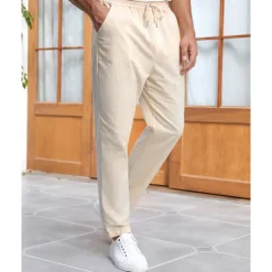 Men's Linen Pants Trousers Summer Pants Beach Pants Pocket Drawstring Elastic Waist Plain Comfort Breathable Vacation Daily Holiday Hawaiian Boho Beige