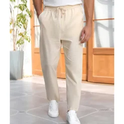 Men's Linen Pants Trousers Summer Pants Beach Pants Pocket Drawstring Elastic Waist Plain Comfort Breathable Vacation Daily Holiday Hawaiian Boho Beige