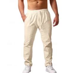 Men's Linen Pants Trousers Summer Pants Beach Pants Pocket Drawstring Elastic Waist Plain Comfort Breathable Vacation Daily Holiday Hawaiian Boho Beige