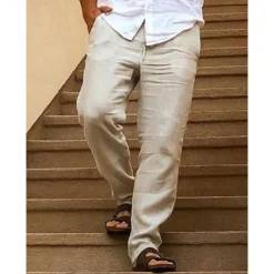 Men's Linen Pants Trousers Summer Pants Drawstring Elastic Waist Plain Comfort Soft Daily Beach Fashion Simple Khaki Micro-elastic