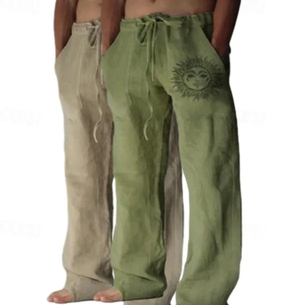 Men's Linen Pants Trousers Summer Pants Baggy Pants Beach Pants Elastic Waist Drawstring Straight Leg Graphic Sun Soft Outdoor Full Length Outdoor Home Casual Fashion Streetwear Light gray+blue Light