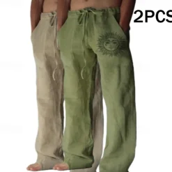 Men's Linen Pants Trousers Summer Pants Baggy Pants Beach Pants Elastic Waist Drawstring Straight Leg Graphic Sun Soft Outdoor Full Length Outdoor Home Casual Fashion Streetwear Light gray+blue Light