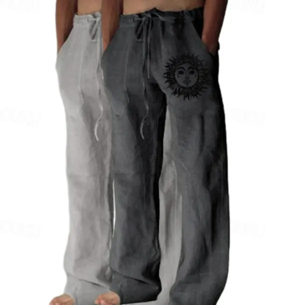 Men's Linen Pants Trousers Summer Pants Baggy Pants Beach Pants Elastic Waist Drawstring Straight Leg Graphic Sun Soft Outdoor Full Length Outdoor Home Casual Fashion Streetwear Light gray+blue Light