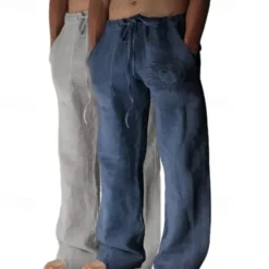 Men's Linen Pants Trousers Summer Pants Baggy Pants Beach Pants Elastic Waist Drawstring Straight Leg Graphic Sun Soft Outdoor Full Length Outdoor Home Casual Fashion Streetwear Light gray+blue Light