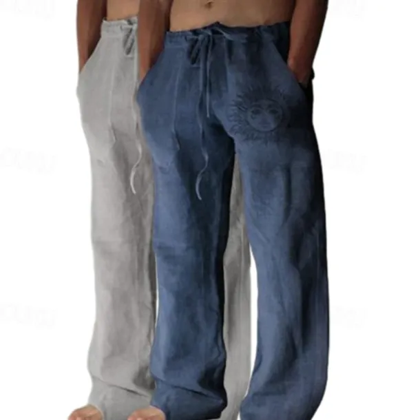 Men's Linen Pants Trousers Summer Pants Baggy Pants Beach Pants Elastic Waist Drawstring Straight Leg Graphic Sun Soft Outdoor Full Length Outdoor Home Casual Fashion Streetwear Light gray+blue Light