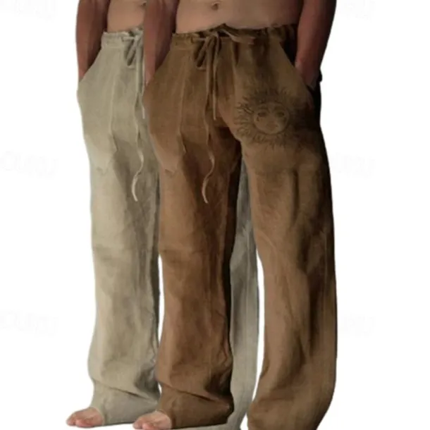 Men's Linen Pants Trousers Summer Pants Baggy Pants Beach Pants Elastic Waist Drawstring Straight Leg Graphic Sun Soft Outdoor Full Length Outdoor Home Casual Fashion Streetwear Light gray+blue Light