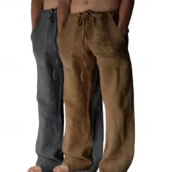 Men's Linen Pants Trousers Summer Pants Baggy Pants Beach Pants Elastic Waist Drawstring Straight Leg Graphic Sun Soft Outdoor Full Length Outdoor Home Casual Fashion Streetwear Light gray+blue Light