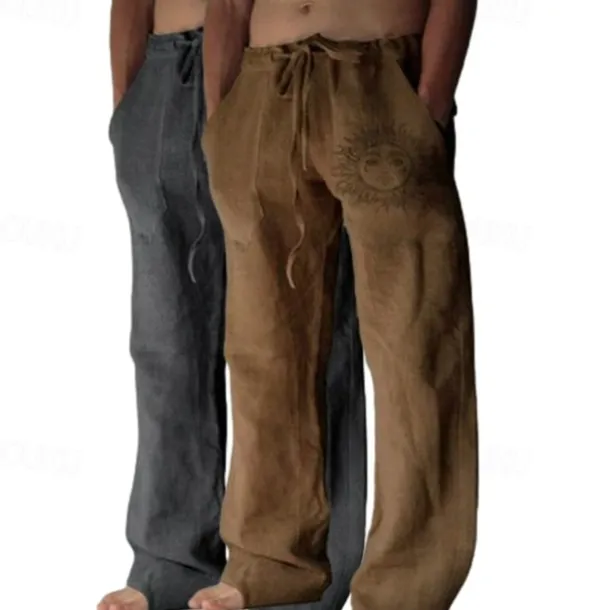 Men's Linen Pants Trousers Summer Pants Baggy Pants Beach Pants Elastic Waist Drawstring Straight Leg Graphic Sun Soft Outdoor Full Length Outdoor Home Casual Fashion Streetwear Light gray+blue Light