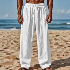 Men's Linen Pants Trousers Summer Pants Beach Pants Drawstring Elastic Waist Straight Leg Plain Comfort Breathable Full Length Casual Daily Holiday Vacation Fashion Black White