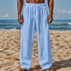 Men's Linen Pants Trousers Summer Pants Beach Pants Drawstring Elastic Waist Straight Leg Plain Comfort Breathable Full Length Casual Daily Holiday Vacation Fashion Black White