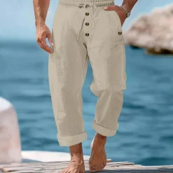 Men's Linen Pants Trousers Summer Pants Beach Pants Buttons Drawstring Elastic Waist Plain Comfort Breathable Full Length Casual Daily Holiday Vacation Fashion Black White