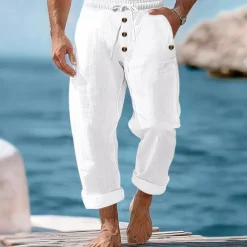 Men's Linen Pants Trousers Summer Pants Beach Pants Buttons Drawstring Elastic Waist Plain Comfort Breathable Full Length Casual Daily Holiday Vacation Fashion Black White