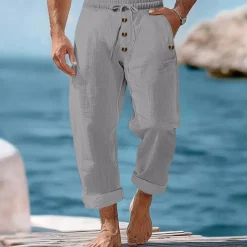 Men's Linen Pants Trousers Summer Pants Beach Pants Buttons Drawstring Elastic Waist Plain Comfort Breathable Full Length Casual Daily Holiday Vacation Fashion Black White