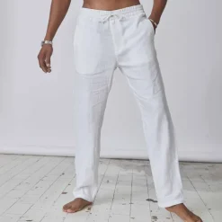 Men's Linen Pants Trousers Summer Pants Pocket Plain Comfort Breathable Daily Casual Black White