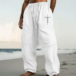 Men's Linen Pants Trousers Summer Pants Baggy Pants Pocket Drawstring Elastic Waist Plain Comfort Breathable Full Length Casual Daily Holiday Vacation Streetwear Black White