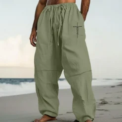 Men's Linen Pants Trousers Summer Pants Baggy Pants Pocket Drawstring Elastic Waist Plain Comfort Breathable Full Length Casual Daily Holiday Vacation Streetwear Black White