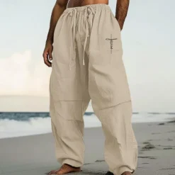 Men's Linen Pants Trousers Summer Pants Baggy Pants Pocket Drawstring Elastic Waist Plain Comfort Breathable Full Length Casual Daily Holiday Vacation Streetwear Black White