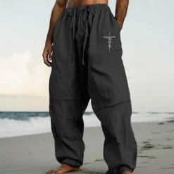 Men's Linen Pants Trousers Summer Pants Baggy Pants Pocket Drawstring Elastic Waist Plain Comfort Breathable Full Length Casual Daily Holiday Vacation Streetwear Black White