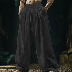 Men's Linen Pants Trousers Summer Pants Beach Pants Pocket Drawstring Elastic Waist Plain Comfort Breathable Vacation Daily Holiday Hawaiian Boho Black White