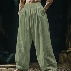 Men's Linen Pants Trousers Summer Pants Beach Pants Pocket Drawstring Elastic Waist Plain Comfort Breathable Vacation Daily Holiday Hawaiian Boho Black White