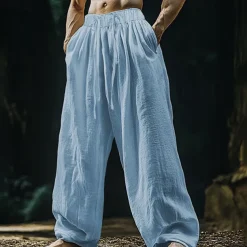 Men's Linen Pants Trousers Summer Pants Beach Pants Pocket Drawstring Elastic Waist Plain Comfort Breathable Vacation Daily Holiday Hawaiian Boho Black White