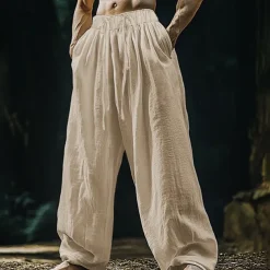 Men's Linen Pants Trousers Summer Pants Beach Pants Pocket Drawstring Elastic Waist Plain Comfort Breathable Vacation Daily Holiday Hawaiian Boho Black White