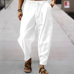 Men's Linen Pants Trousers Summer Pants Harem Pants Pocket Drawstring Elastic Waist Plain Comfort Breathable Full Length Outdoor Daily Holiday Fashion Classic Style Black White