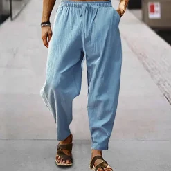 Men's Linen Pants Trousers Summer Pants Harem Pants Pocket Drawstring Elastic Waist Plain Comfort Breathable Full Length Outdoor Daily Holiday Fashion Classic Style Black White