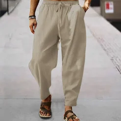 Men's Linen Pants Trousers Summer Pants Harem Pants Pocket Drawstring Elastic Waist Plain Comfort Breathable Full Length Outdoor Daily Holiday Fashion Classic Style Black White