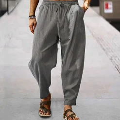 Men's Linen Pants Trousers Summer Pants Harem Pants Pocket Drawstring Elastic Waist Plain Comfort Breathable Full Length Outdoor Daily Holiday Fashion Classic Style Black White