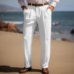 Men's Linen Pants Trousers Summer Pants Front Pocket Pleats Straight Leg Plain Comfort Breathable Casual Daily Holiday Fashion Basic Black White