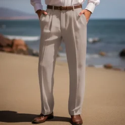 Men's Linen Pants Trousers Summer Pants Front Pocket Pleats Straight Leg Plain Comfort Breathable Casual Daily Holiday Fashion Basic Black White
