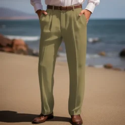 Men's Linen Pants Trousers Summer Pants Front Pocket Pleats Straight Leg Plain Comfort Breathable Casual Daily Holiday Fashion Basic Black White