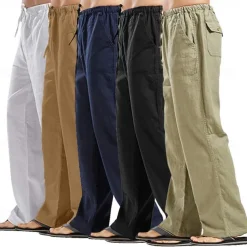 Men's Linen Pants Trousers Summer Pants Beach Pants Pocket Drawstring Elastic Waistband Plain Comfort Breathable Full Length Daily Streetwear Fashion Casual / Sporty Loose Fit Dark Khaki Black