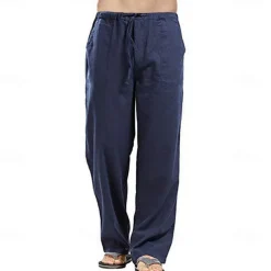 Men's Linen Pants Trousers Summer Pants Beach Pants Pocket Drawstring Elastic Waistband Plain Comfort Breathable Full Length Daily Streetwear Fashion Casual / Sporty Loose Fit Dark Khaki Black