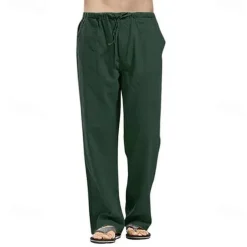 Men's Linen Pants Trousers Summer Pants Beach Pants Pocket Drawstring Elastic Waistband Plain Comfort Breathable Full Length Daily Streetwear Fashion Casual / Sporty Loose Fit Dark Khaki Black