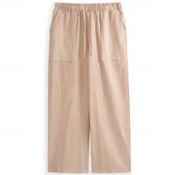 Men's Linen Pants Trousers Summer Pants Beach Pants Pocket Drawstring Elastic Waistband Plain Comfort Breathable Full Length Daily Streetwear Fashion Casual / Sporty Loose Fit Dark Khaki Black