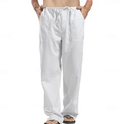 Men's Linen Pants Trousers Summer Pants Beach Pants Pocket Drawstring Elastic Waistband Plain Comfort Breathable Full Length Daily Streetwear Fashion Casual / Sporty Loose Fit Dark Khaki Black
