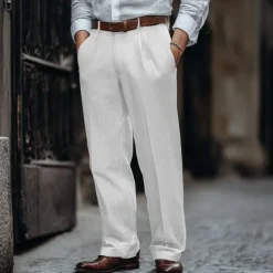 Men's Linen Pants Trousers Summer Pants Pleated Pants Dress Slacks Front Pocket Straight Leg Plain Comfort Breathable Business Casual Daily Fashion Basic Black White