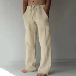 Men's Linen Pants Trousers Summer Pants Beach Pants Pocket Drawstring Elastic Waist Plain Daily Streetwear Fashion Casual Black White