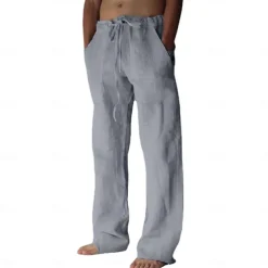 Men's Linen Pants Trousers Summer Pants Beach Pants Pocket Drawstring Elastic Waist Plain Daily Streetwear Fashion Casual Black White