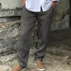 Men's Linen Pants Trousers Summer Pants Beach Pants Drawstring Elastic Waist Straight Leg Plain Comfort Breathable Casual Daily Holiday Streetwear Designer Gray