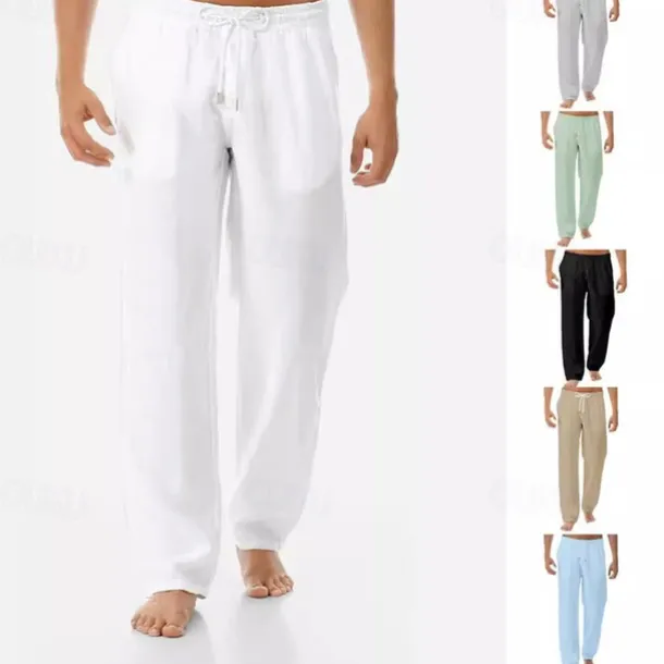 Men's Linen Pants Trousers Summer Pants Beach Pants Pocket Drawstring Elastic Waist Plain Comfort Breathable Vacation Daily Holiday Hawaiian Boho Black White