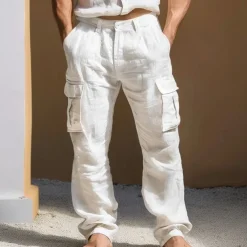 Men's Linen Pants Trousers Summer Pants Multi Pocket Straight Leg Plain Comfort Breathable Full Length Outdoor Daily Going out Fashion Streetwear Black White