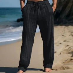 Men's Linen Pants Trousers Summer Pants Beach Pants Elastic Waist Drawstring Straight Leg Stripe Comfort Breathable Full Length Casual Daily Holiday Vacation Fashion Black White